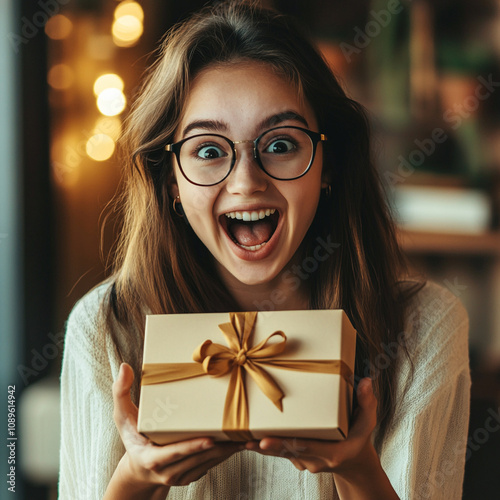 Joyful woman surprises with gift during festive celebration photo