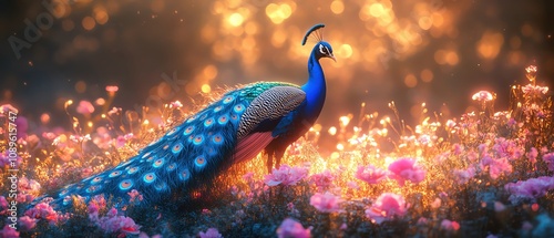 Elegant blue peacock glowing under warm lights in a dreamy floral forest