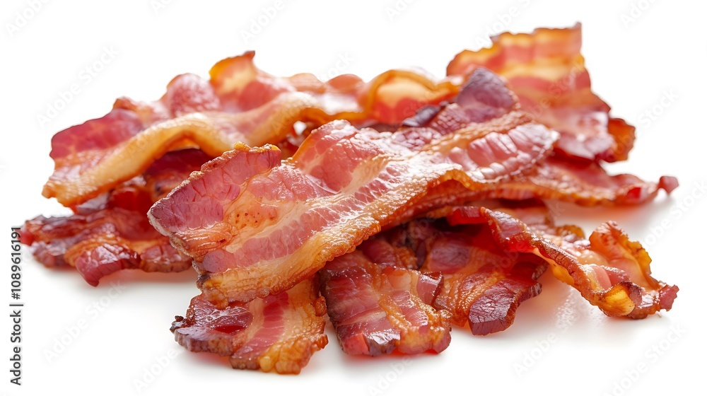 A pile of crispy, cooked bacon strips arranged neatly, showcasing their texture and color.