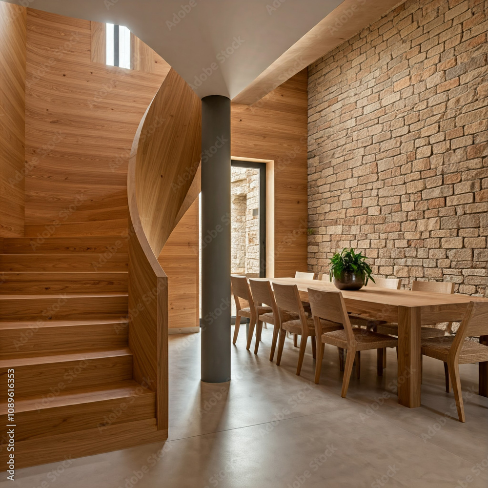 Obraz premium modern and minimalist interior design with a focus on clean lines and natural light. A wooden staircase with a metal railing leads up to a mezzanine level, creating a sense of openness and height.