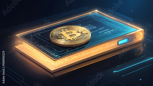 Cryptocurrency Wallet: A shiny Bitcoin or Ethereum coin resting on a glowing, futuristic ledger