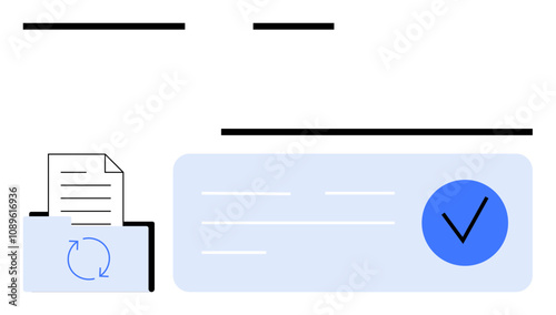 Filing cabinet with synchronized documents and a verified data checkmark. Ideal for office management, organization, data verification, digital filing, productivity, data sync, and workflow
