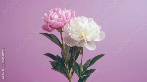 Pink and white peonies on a pastel violet background, soft and feminine generative ai