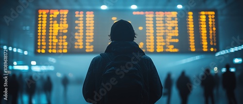 Traveler at airport, distant flight info, anticipation in silhouette