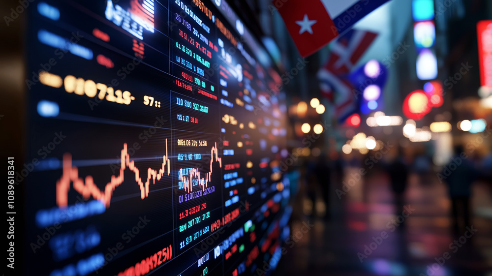Stock market trading activity displayed on digital screen urban financial district digital art night contemporary technology concepts Stock market trading activity displayed on digital screen urban financial district digital art night contemporary technology concepts