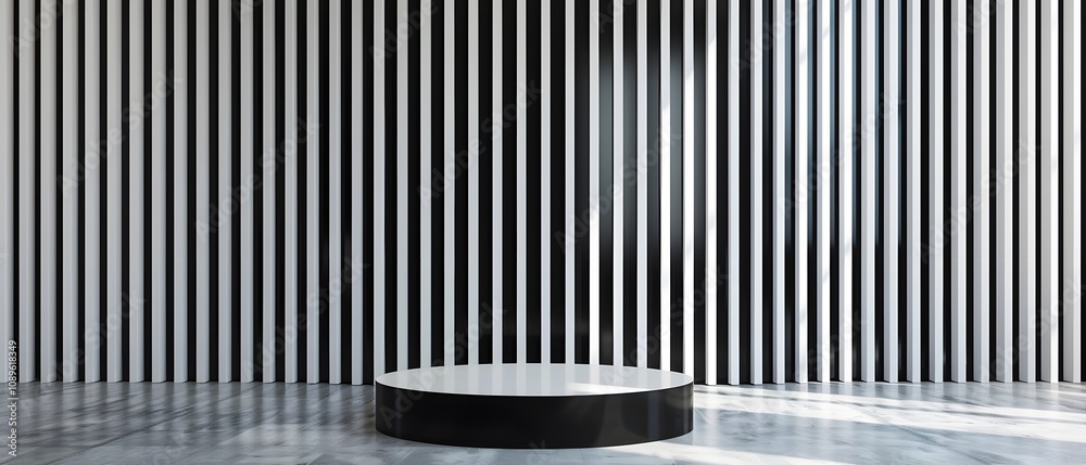 Modern Minimalist Studio Space with Black and White Vertical Stripes and Circular Display Platform for Art Exhibitions and Presentations Modern Minimalist Studio Space with Black and White Vertical Stripes and Circular Display Platform for Art Exhibitions and Presentations