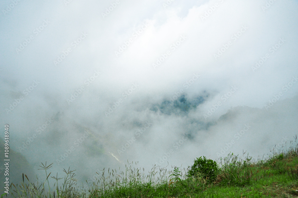 Misty mountain view overlooking dense fog nature scene serene landscape tranquil atmosphere wide angle natural beauty Misty mountain view overlooking dense fog nature scene serene landscape tranquil atmosphere wide angle natural beauty