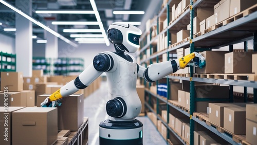 Robot Managing Inventory in a Modern Warehouse photo