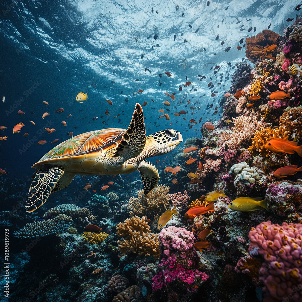 Fototapeta premium Colorful coral reef teeming with marine life and a turtle gliding above