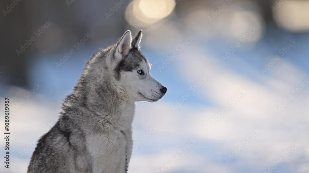 Captivating blue-eyed husky in snow, frosty breath, soft winter scene. Captivating blue-eyed husky in snow, frosty breath, soft winter scene.