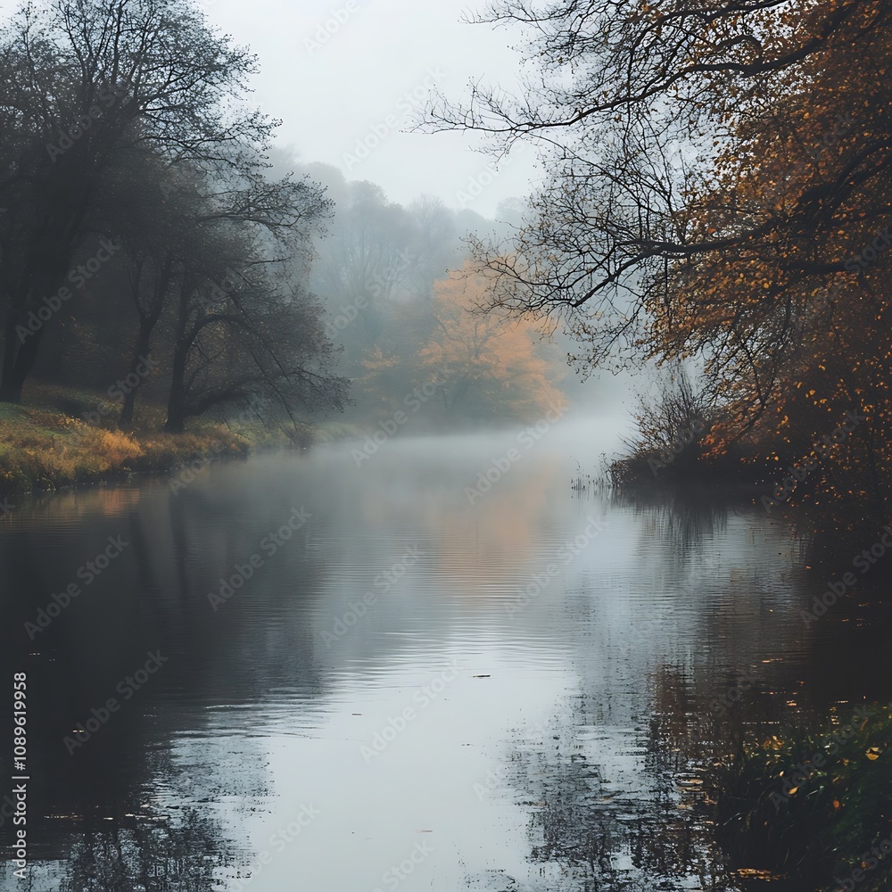 Misty autumn river reflecting trees. Misty autumn river reflecting trees.