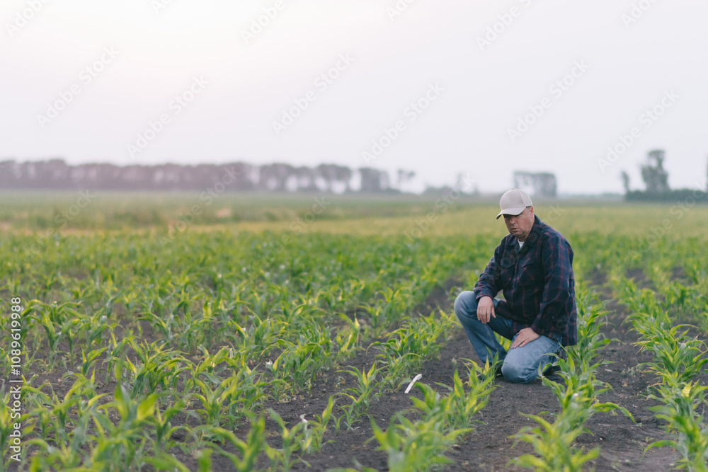 A man kneeling down amidst a vast field of corn. A man kneeling down amidst a vast field of corn.