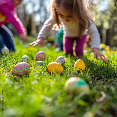 Children enjoy an Easter egg hunt in a vibrant garden during spring photo