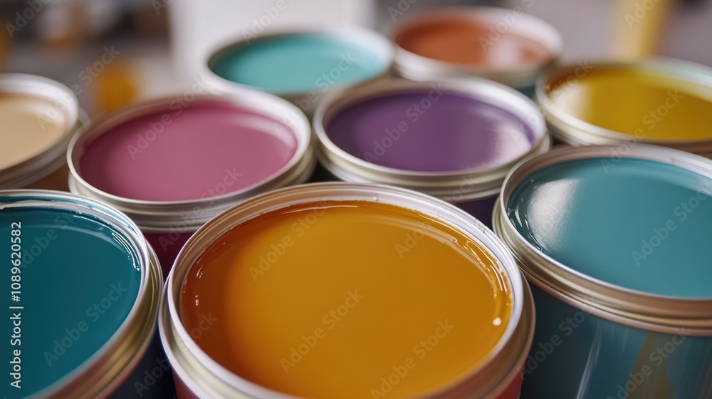 A close-up view of a collection of paint cans with different colors and labels A close-up view of a collection of paint cans with different colors and labels