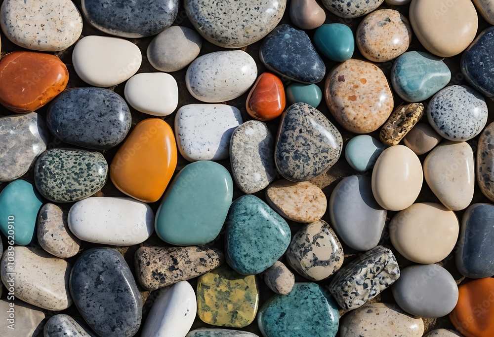 Processed collage of sea shore pebbles texture. Background for banner, backdrop or texture for 3D mapping