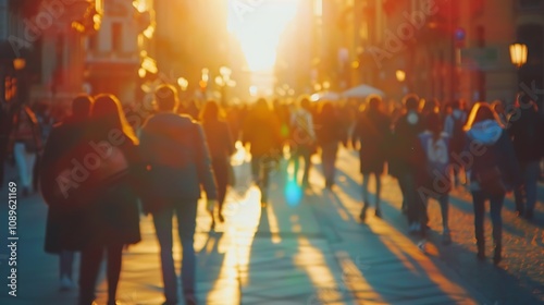 A vibrant sunset scene with people walking in a busy street, casting long shadows and creating a warm atmosphere.