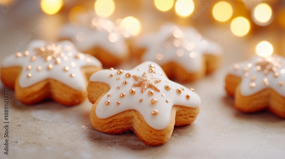 Festive Star Shaped Christmas Cookies Decorated With Gold Festive Star Shaped Christmas Cookies Decorated With Gold