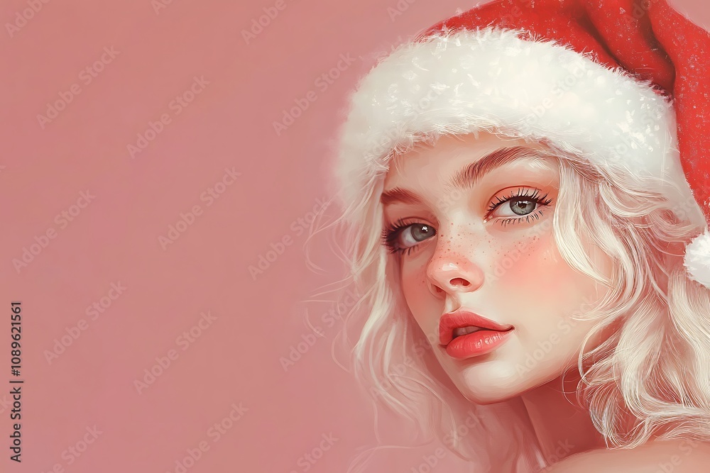 Close-up of girl with festive Santa attire, plain pastel pink background Close-up of girl with festive Santa attire, plain pastel pink background