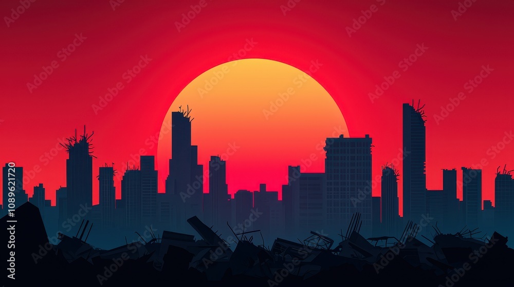 Naklejka premium A vibrant sunset casts a deep orange glow over a silhouetted city skyline, suggesting themes of desolation and rebirth amid urban decay.