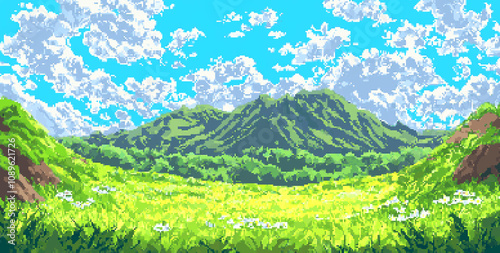 8bits Pixel art of an adventurous mountain landscape, with lush green hills and white clouds in the sky photo