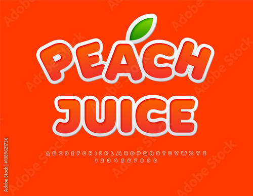 Vector delicious sign Peach Juice with decorative Leaf. Bright stylish Font. Set of Alphabet Letters and Numbers