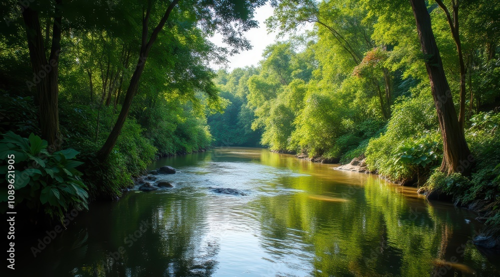 Serene river view surrounded by lush greenery Serene river view surrounded by lush greenery