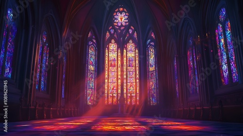 Majestic Gothic cathedral interior with vibrant stained glass and sunbeams illuminating the floor.