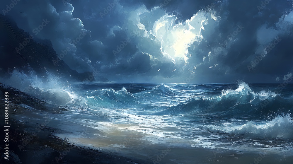 Fototapeta premium Dramatic moonlit ocean waves crashing on a sandy shore at night.