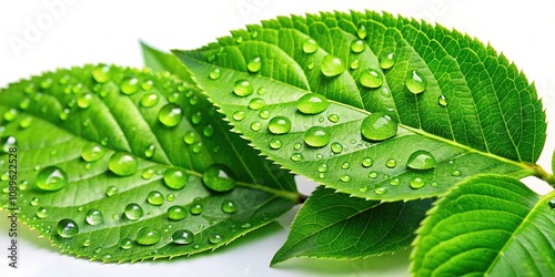 Lush green leaves gleaming with dew droplets are isolated on a pure white backdrop, symbolizing nature's vitality and elegance in a tranquil, refreshing composition.