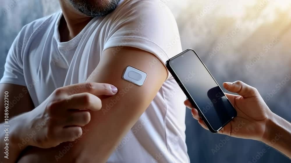 Person scanning their digital health patch with a smartphone ...
