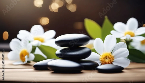 Massage stones with white flowers. Concept of spa and beauty. 