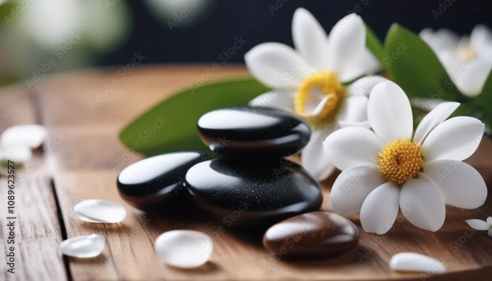 Massage stones with white flowers. Concept of spa and beauty. Massage stones with white flowers. Concept of spa and beauty.