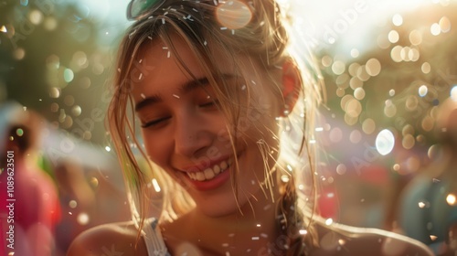 A happy woman smiling as she gets sprayed with water, possibly at a summer festival or outdoor event