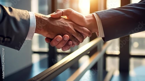 A professional handshake between two individuals in a business setting, representing partnership and agreement.