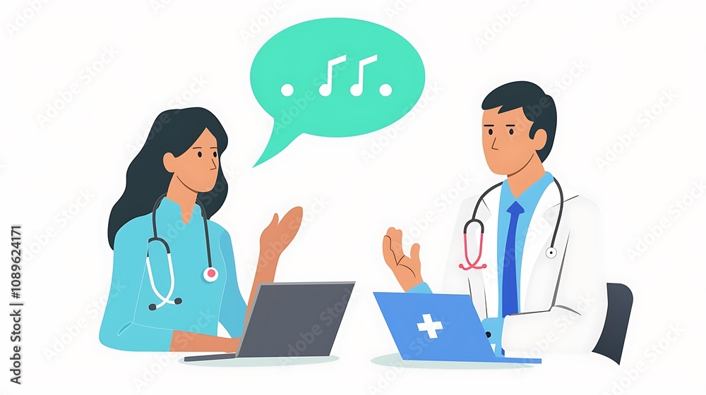 Two healthcare professionals discussing with laptops, one gesturing while the other listens, indicating a collaborative environment. Two healthcare professionals discussing with laptops, one gesturing while the other listens, indicating a collaborative environment.