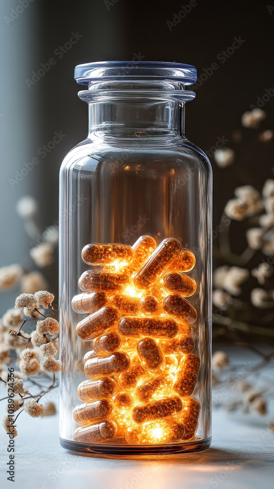 Bright capsules radiate warmth in a clear glass jar. Bright capsules radiate warmth in a clear glass jar.