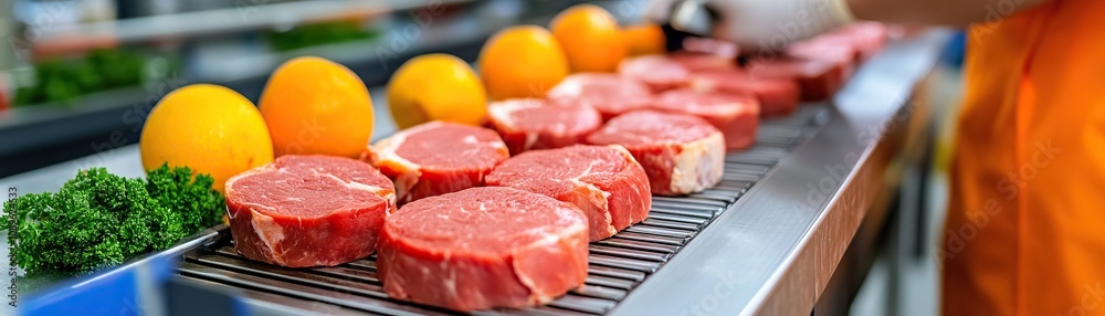 Fresh cuts of meat lined up on a counter, accompanied by vibrant oranges and parsley, showcasing a colorful display of ingredients ready for preparation. Fresh cuts of meat lined up on a counter, accompanied by vibrant oranges and parsley, showcasing a colorful display of ingredients ready for preparation.