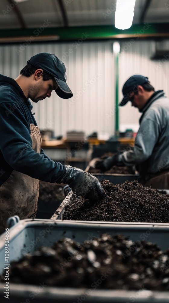 Workers mix organic compost in a busy factory, emphasizing sustainable practices