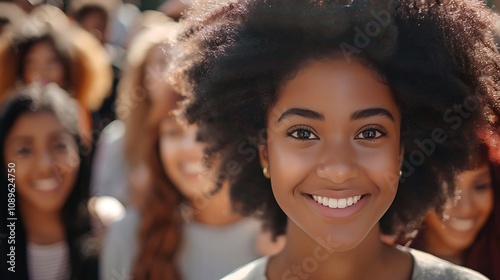 A smiling young woman in the foreground with a diverse group of people in the background, showcasing joy and community.