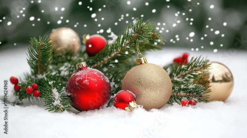 Colorful Christmas ornaments resting on snow-covered pine branches.