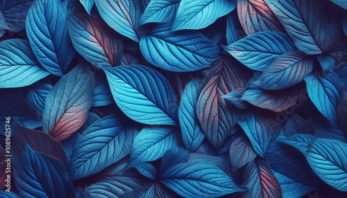 Close-up of vibrant autumn leaves in shades of blue, creating a textured and colorful natural background. Generative AI.