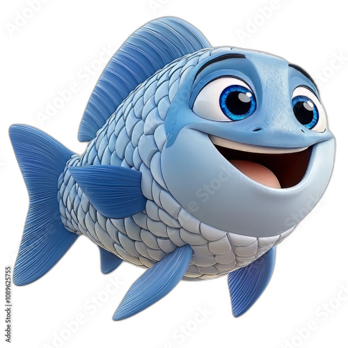 Happy cartoon fish with big eyes and friendly smile, swimming joyfully in vibrant underwater world. This character embodies fun and playfulness, appealing to children and animation lovers alike