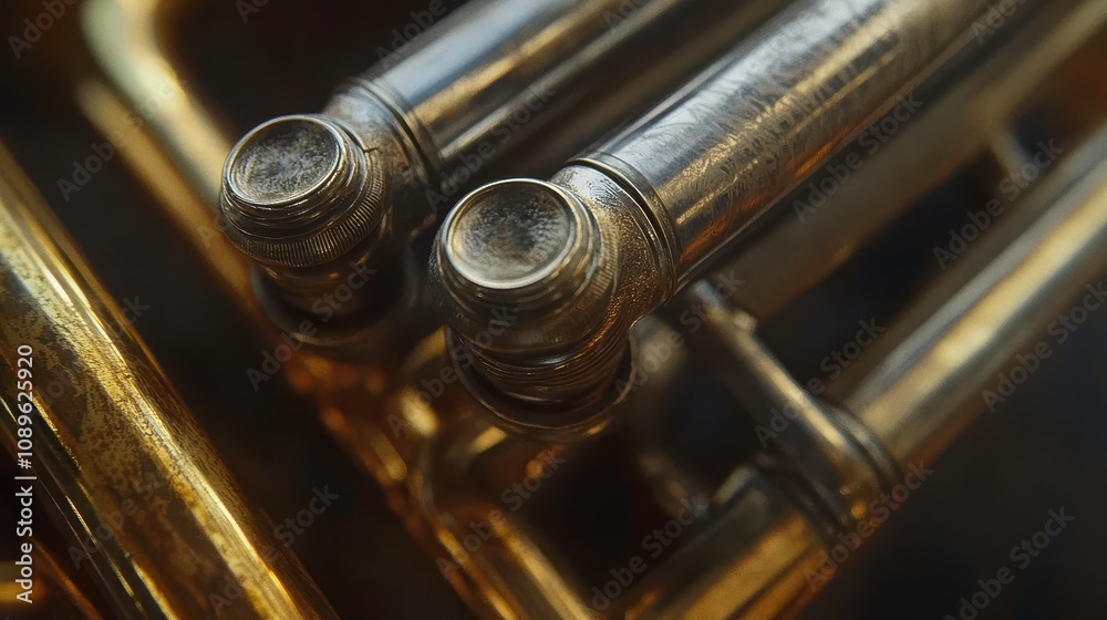 Obraz premium Polished Trumpet Valve Reflecting Light in Moody Club