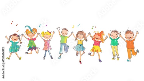 A cheerful illustration of children dancing and enjoying music together.