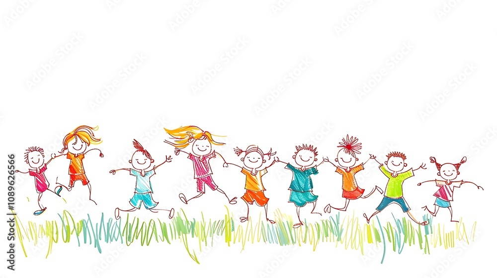 A cheerful illustration of children playing and running together in a grassy field, symbolizing joy and friendship. A cheerful illustration of children playing and running together in a grassy field, symbolizing joy and friendship.