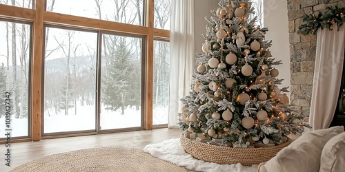 Snowy Winter Christmas Tree in Modern Home