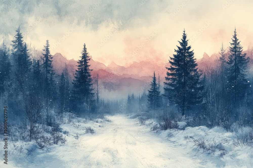 Naklejka premium winter forest landscape at sunrise or sunset. 