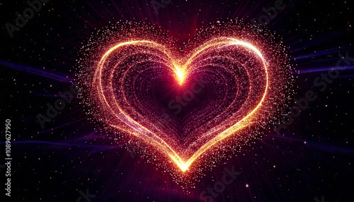 Glowing heart shape with sparkling particles in cosmic background  Sale promotion advertising for happy newyear, valentine