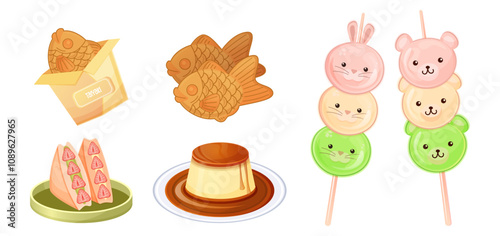 Japanese traditional sweets. Set of asian sweet snacks. Taiyaki, dango, purin cake. Clip art stickers isolated.