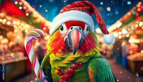 Colorful parrot wearing a Santa hat and holding a candy cane at a festive Christmas market.